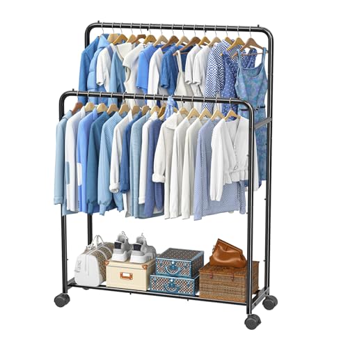 Simple Trending Clothing Clothes Rack Double Rods with Wheels, Rolling Metal Garment Rack for Hanging, Black