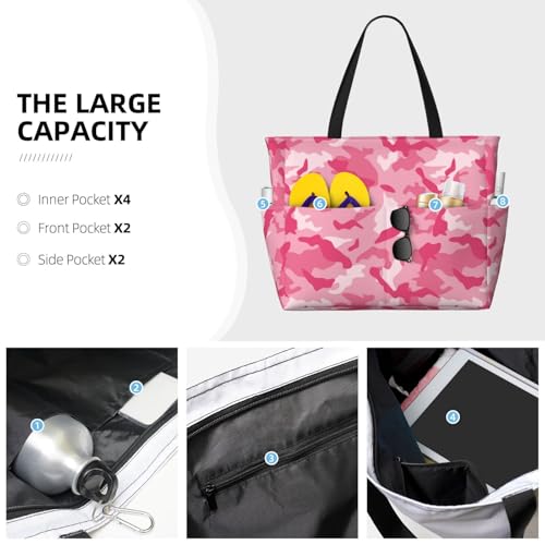 Large Beach Bags for Women Sandproof - Pink Camouflage Print Summer Travel Work Tote Bags with Zipper3