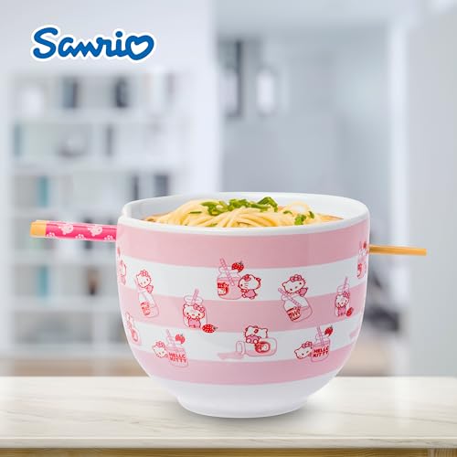 Image of Silver Buffalo Sanrio Hello Kitty Pink, Ramen Bowl with Chopsticks, 20oz | Strawberry Milk, Noodle Rice Bowl, Microwave Safe, 0.59 Liters