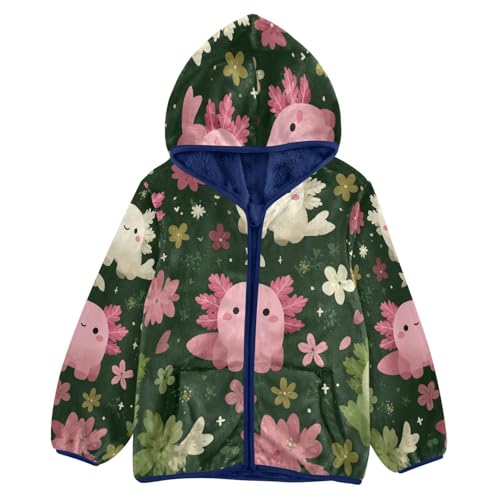 Cute Axolotl with Flowers Toddler Fleece Jacket Girl Boys Hooded Fleece Jacket Coat Warm Outwear Zip-up 3-10T