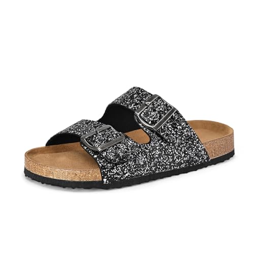 mysoft Womens Flat Sandals Cork Footbed Slides 2 Straps Adjustable Buckle Slip On Summer with +Comfort Shoes