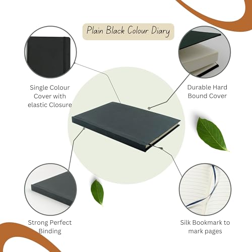 Image of A5 Notebook Diary Journal Planner - 180 GSM Thick Paper, 192 Ruled Pages with 12-Month Planner | Hardcover with Elastic Closure & Silk Bookmark | Classic Black for Office, School & Personal Use