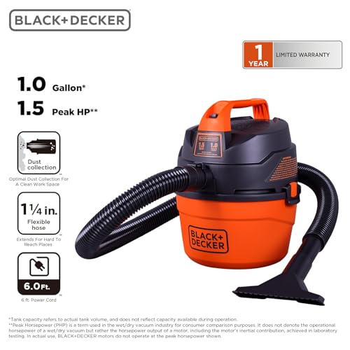 Image of BLACK+DECKER Shop Vacuum Wet and Dry, Small Shop Vac with Accessories, 1 Gallon 1.5 Peak HP, Wall Mount Mini Vacuum for Garage, Home and Pet, 60CFM (BDXV18101P-1H)