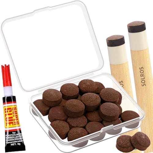 Billiard Pool Cue Tips - 11MM Leather Stick Tips Replacement Repair Accessories Kits with Storage Box, Brown Leather Glue-on Tips for Snooker Stick Top Pool Queue Table Game Bar Club House - SOLROS