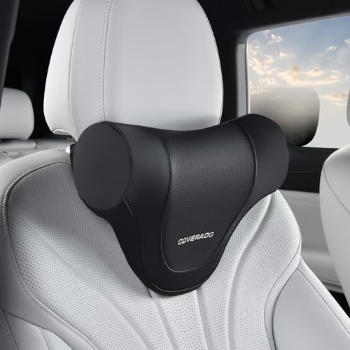 Image of Coverado Car Headrest Pillow, Ergonomic Memory Foam Car Neck Pillow for Driving Seat with Adjustable Strap, Soft PU Leather Breathable Removable Cover Neck Support for Neck Pain Relief - Black