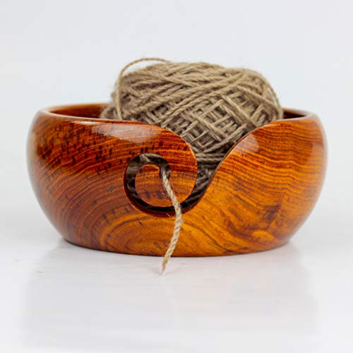 Nagina International Premium Rosewood Crafted Portable Yarn Storage Functional Bowl With Spiral Yarn Dispenser | Crocheting & Stitching Accessories (Medium) - Thumbnail 4
