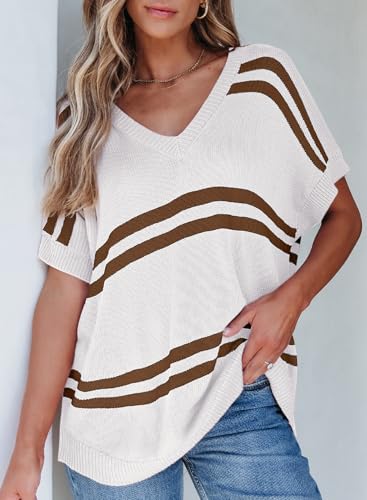 SHEWIN Oversized Sweaters for Women Causal V Neck T Shirts Loose Short Sleeve Sweater Spring Tops4