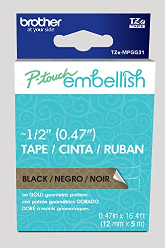 Image of Brother P-Touch Embellish Black Print on Gold Geometric Pattern Tape TZEMPGG31 - ~ inch Wide x 13.1' Long for use with P-Touch Embellish Ribbon & Tape Printer