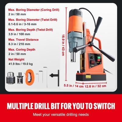 Happybuy Magnetic Drill, 1550W 2" Boring Diameter, 2922lbf/13000N 500 RPM Portable Electric Mag Drill Press with Variable Speed, Drilling Machine for Home Improvement, Industry, Railway