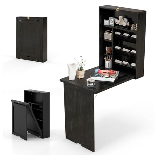 Tangkula Wall Mounted Fold Out Convertible Desk, Multi-Function Floating Desk for Home Office, Space Saving Computer Desk Fold Out Desk, Wall Mounted Table with Storage Area (Black)