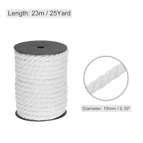 MECCANIXITY Cotton Rope 3 Strand Twisted Braided Rope Cord, White 10mm x 75ft Craft Rope Cord Cotton for Wall Hanging, Plant Hanger, Knitting, Macrame Knotting