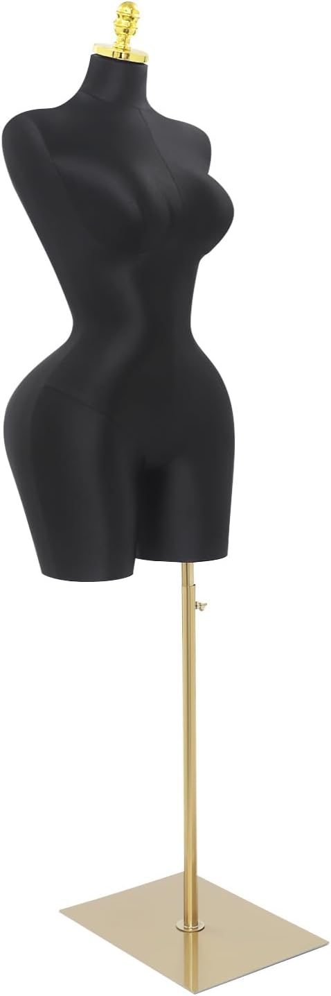 Female Mannequin Body Torso, Plus Size Female Mannequin, Manikin Body Torso, with Gold Metal Stand, 63-84.26inch Adjustable Height, for Store, Boutique, Designer,Jewelry (Black)