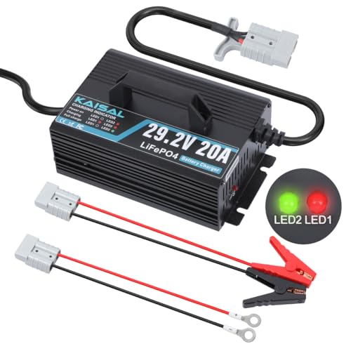 24V 20A Lithium Battery Charger 29.2V LiFePO4 Battery Charger 24 Volt Lithium Charger 0V Wake Up LiFePO4 Charger with Indicators, 2 Connectors for 25.6V LiFePO4 Battery of RV, Boat,Truck,Marine, Solar