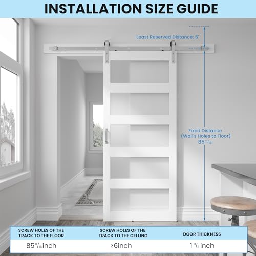 Image of 36in x 84in White Sliding Glass Barn Door with 5-Panel Frosted Glass
