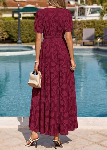 Image of KIRUNDO Summer Dresses for Women 2026 Boho Flowy Casual Short Sleeve V Neck Elastic Waist Floral Long Baby Shower Maxi Dress