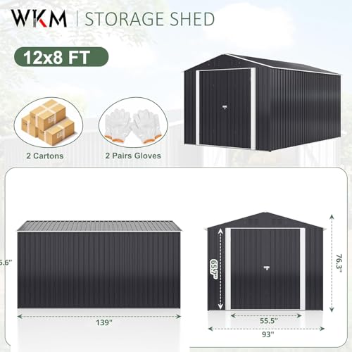 WKM 8X12 FT Outdoor Storage Shed, Utility Metal Tool Storage with Lockable Doors and Updated Frame Structure, Metal Garden Shed for Backyard, Patio Lawn, Black