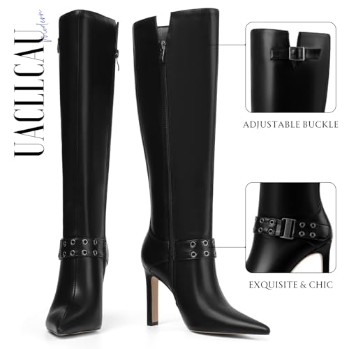 Uacllcau Knee High Boots Women Pointed Toe Tall Boots Sexy Stiletto High Heels Long Boots Fashion Trendy Buckle Dress Boots Slouch Zipper Heeled Boots4