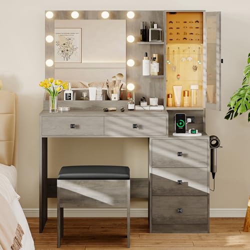 Image of Vanity Desk with Mirror and Lights, Makeup Vanity Table Set with 5 Storage Drawers, Power Outlet & Chair, Small Dressing Table with RGB Ambient Light, Adjustable Brightness for Girls Bedroom, Grey