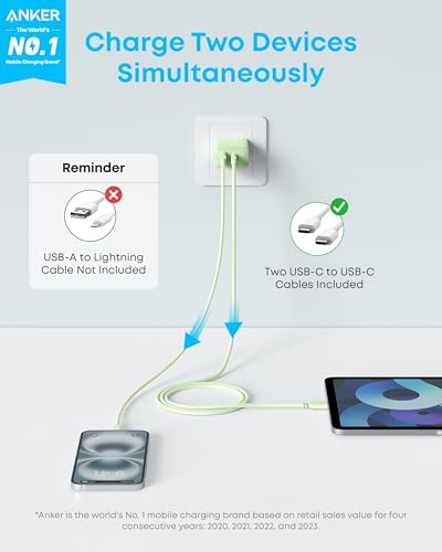 Image of Anker iPhone 17 /16 Charger, 2-Pack 20W Fast USB C Charger Block, for iPhone 17 /16 /16 Pro Max /15 Series /iPad Pro and More (Green, 2 Pack & 2 Cable)