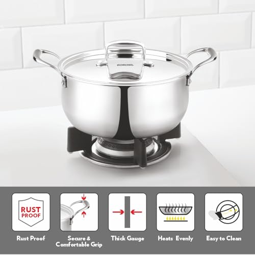Image of Borosil Cookfresh Tri-ply Casserole Steel Handle | SS304 Food Grade Steel, Dishwasher Safe | Compatible for Gas, Induction, Hot Plate, Halogen | 5 Years Warranty (2.8 L)