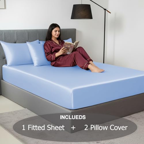 Image of Soft and Silk Satin Fitted Bedsheet for Single Size 36X75 +12 in - Elastic Fitted Sheet 400 TC Hotel Collection for Bedroom | Fitted Sheet with Pillow Cover - Sky Blue, Single Bed