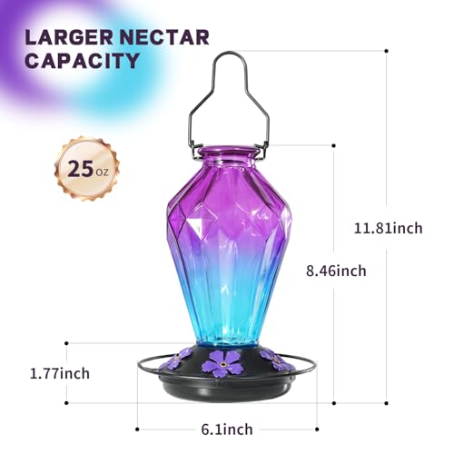 Image of 2 Pack Glass Hummingbird Feeder for Outdoors Hanging, 25Oz Humming Bird Nectar Feeder, Perch, 5 Flower Feeding Ports, Leak Proof Base, Hook for Outside Garden Backyard, Diamond Purple
