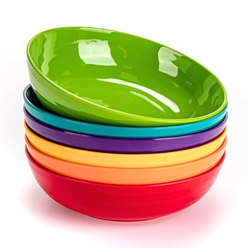 MIYOPESI 8-Inch Melamine Salad & Pasta Bowls - Set of 6 Unbreakable & Reusable with Ceramic Feel Stackable & Dishwasher-Safe Platic Dinner Bowls Versatile for All Meals (Multi-color)