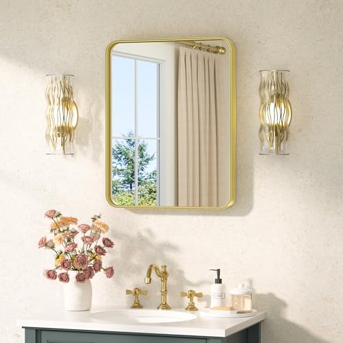 Image of TETOTE Gold Bathroom Mirror 16 x 20 Inch Brushed Gold Metal Framed Vanity Mirror, Tempered Glass, Wall Mounted for Bathroom, Entryway, Bedroom, Living Room(Horizontal /Vertical)