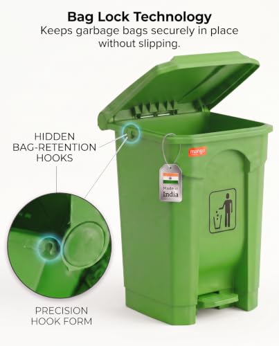 Image of pedal dustbin with lid, heavy duty plastic garbage bin, hands-free step-on waste bin for kitchen, office, home, hotel, bathroom & outdoor use (Citrus Green, 35 Liters)
