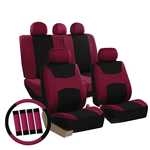 Automotive Seat Covers Burgundy Universal Fit Combo Set with Steering Wheel Cover and Seat Belt Pad for Cars, SUVs, and Trucks (Airbag Compatible and Split Bench) FH Group FB030BURGUNDY-COMBO