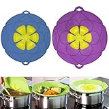 AUSINCERE Spill Stopper Lid, Anti Spill & Boil Over Safeguard, Silicone Pot Cover, Multi-Function Kitchen Tool (11"(Purple)+10.2"(Blue))