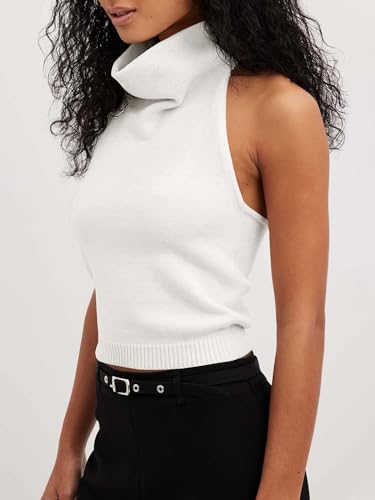 Image of Langwyqu Womens Turtleneck Sweater Vests Sleeveless Knit Halter Tank Tops Sexy Loose Cami Shirts