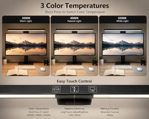 Image of ScreenBar Monitor Light | USB Powered Computer Screen Light with Touch Control, Adjustable Brightness, 3 Color Modes, Auto-Off Timer, Flicker-Free Anti-Glare LED Lamp for Office, Study & Gaming