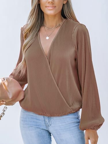 CUPSHE V Neck Wrap Velvet Tops Dressy Causal Long Sleeve Business Work Blouses Loose Fit Shirts Vacation Outfits2