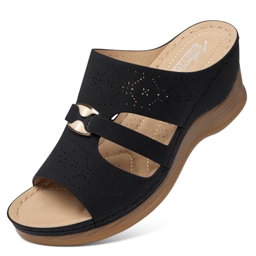 SHIBEVER Wedge Sandals for Women Hollow Out Slip On Platform Wedge Sandals Summer Casual Walking Shoes