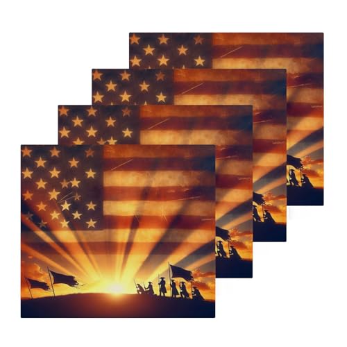 YANENDIE Nostalgic July 4th Pattern Washcloths Towels, Highly Absorbent and Soft Cotton Face Cloths, 4 Pack Quick Dry Wash Cloths - 12 X 12 Inches