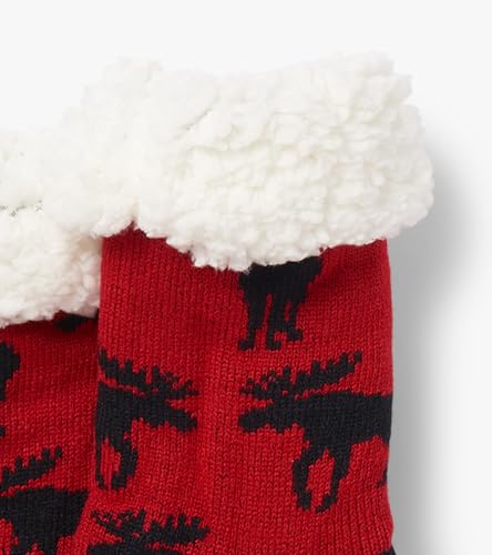 Little Blue House by Hatley Sherpa Lined Cabin Socks, Moose on Red, One Size2