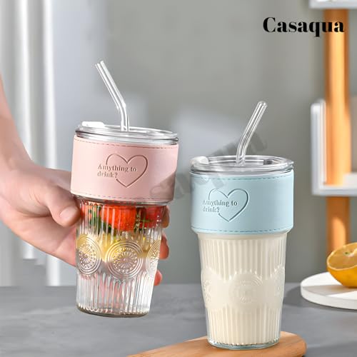 Image of Drinking Glass with Lids and Straw - 400ml, Set of 1, Fruit Juice Cups, Glass with Lids and Straws, Wide Neck, Coffee Glass for Coffee, Smoothie, Milkshake, Juice (Random Design, Multicolor)
