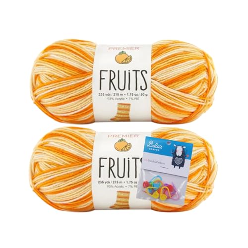 Image of Premier Yarns Fruits, Acrylic Sock Yarn, 2-Pack Bundled with Bella's Crafts Stitch Markers (Orange)