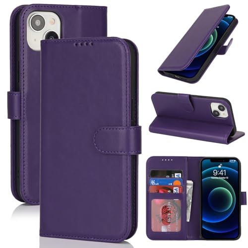 Image of for iPhone 13 Mini Case Wallet with Card Holder,for iPhone 13 Mini Wallet Case for Women Men,PU Leather Shockproof Magnetic Buckle Stand Flip Phone Case-Purple