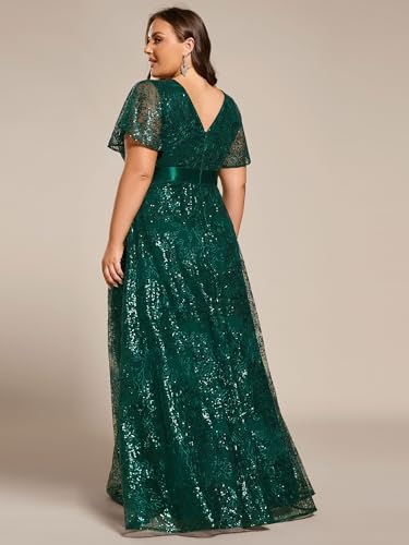 Ever-Pretty Plus Women's V Neck Embroidered Sequin A Line Ruffles Sleeves Plus Size Evening Dresses Ball Gowns 02314-DA2