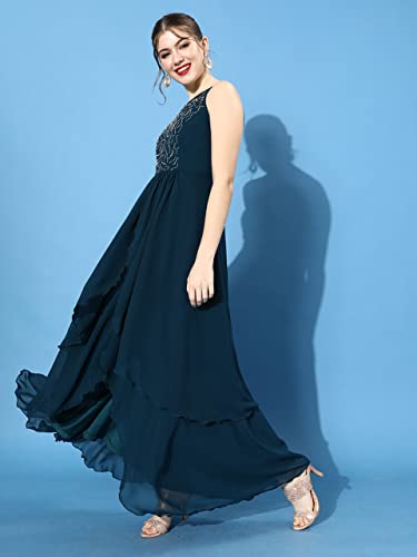 Image of Miss Chase Women's Teal Round Neck Sleeveless Solid Embellished Maxi Dress