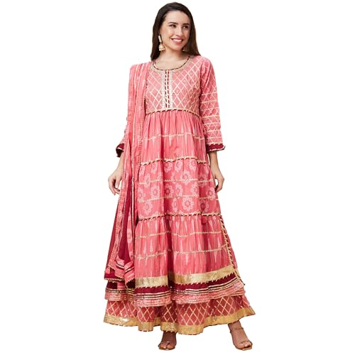 Image of Globus Cotton Women Pink Ethnic Motifs Printed 3-Piece Festive Anarkali Kurta Set with Sharara and Dupatta-3639757001