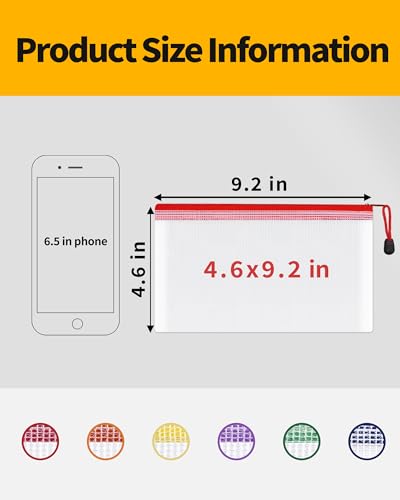 Image of SUNEE Plastic Mesh Zipper Pouch 4.6x9.2 in (6 Colors, 12 Packs), Small Water-Resistant Zip Bag for School Office Supplies, Pencil Organizing Storage