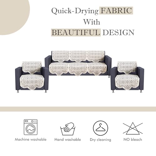 Image of Kuber Industries (Set of 10) Stylish & Durable Cotton Sofa Covers 5 Seater | Washable Sofa Protector /Mat & Slipcover for Hall, Living Room & Office | Plain Circle - Off White