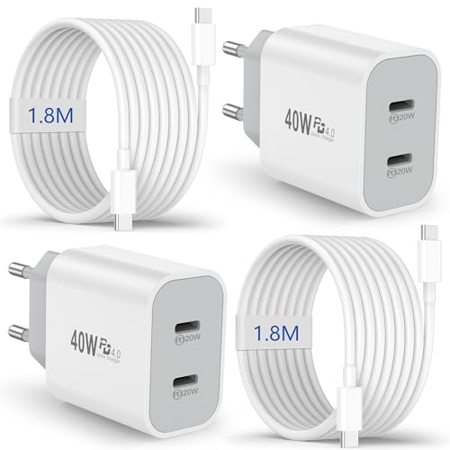 2-Pack Cargador USB C 20 W, Conector de Alimentación USBC de 2 Puertos para Apple iPhone 17/16/16e/16 Plus/16 Pro/16 Pro Max/15/15 Pro/15 Pro MAX, iPad, Cargador Rápido con Cable USB-C de 1,8 m