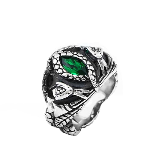 Bague motard serpent homme en acier avec pierre ovale verte esprit Feng Shui