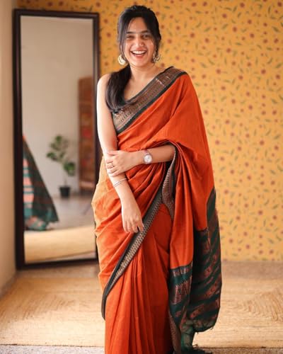 Image of ILAIYAAL CLOTHINGS Women's Kanjivaram Cotton Silk Saree South Indian Paithani Sari | gadwal cotton sarees with Zari Border and Blouse Piece - Suitable For All Indian Occasions and Festivals 191