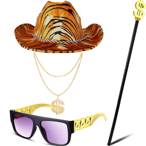 Yahenda 4 Pcs Halloween Pimp Costume Accessories Include Tiger Print Hat Dollar Scepter Pimp Cane Dollar Necklace Retro Sunglasses for Men Women 80s 90s Halloween Dress up Parties