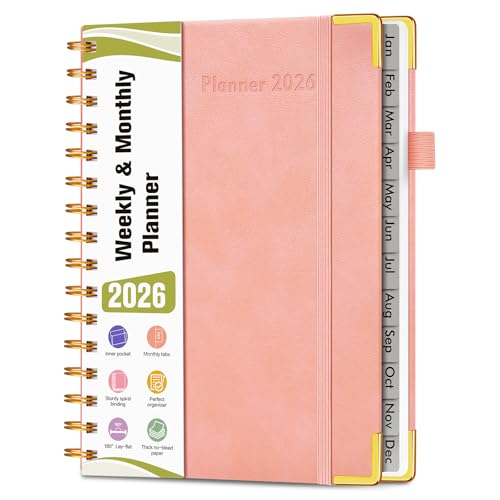 2026 Planner Hardcover Leather Weekly and Monthly Planner January 2026 - December 2026 Spiral Yearly Agenda Organizer Book 2026 with Tabs Daily Calendar Planners for School Work Home A5 (5.75 x 8.38) Pink